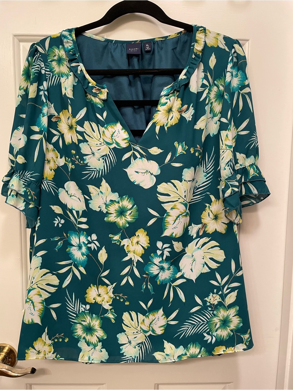 Kaari Blue Teal Tropical Floral V-Neck Ruffle Sleeve Blouse XL
